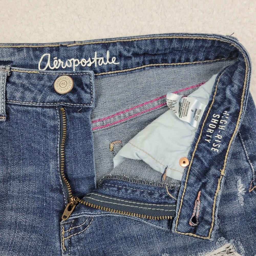 Aeropostale High Rise Shorty Distressed Denim Cutoff Shorts Womens 0 Blue Denim - Picture 5 of 9